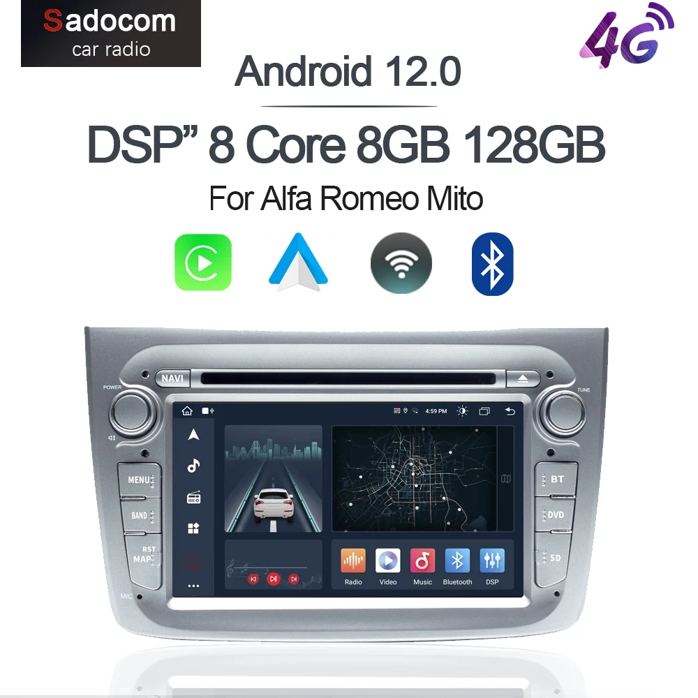 

DSP CarPlay Android 12.0 Car DVD Player 8GB 128G multimedia WiFi navigation autoradio stereo radio bluetooth for Alfa Romeo Mito