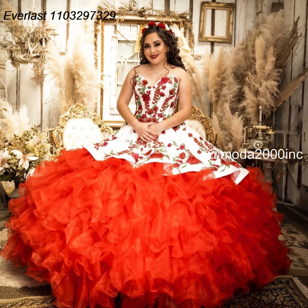 

EVLAST Sparkly Red White Quinceanera Dress Ball Gown Embroidery Applique Beaded Mexico Corset Sweet 16 Vestido De 15 Anos TQD944