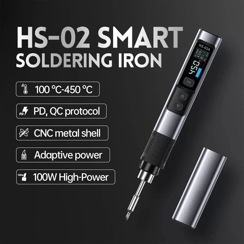 For FNIRSI HS-02 Adjustable Temperature Electric Soldering Iron DC 20V 100-450℃ Soldering Solder Rework Station PD 100W