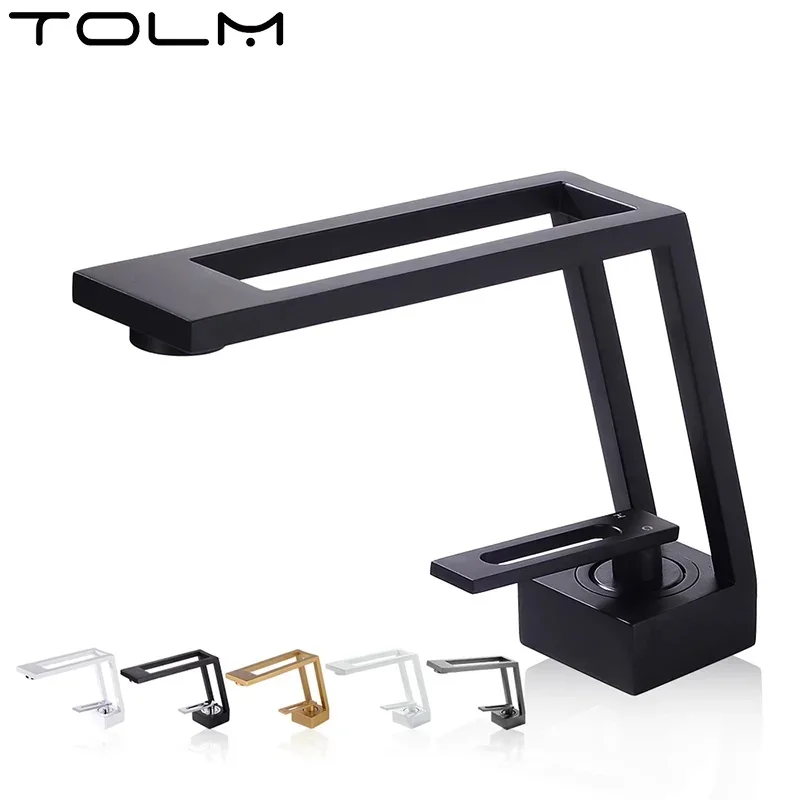 

TOLM Brass basin bathroom faucet, countertop mounted hot and cold basin mixed faucet, center hollow single handle faucet
