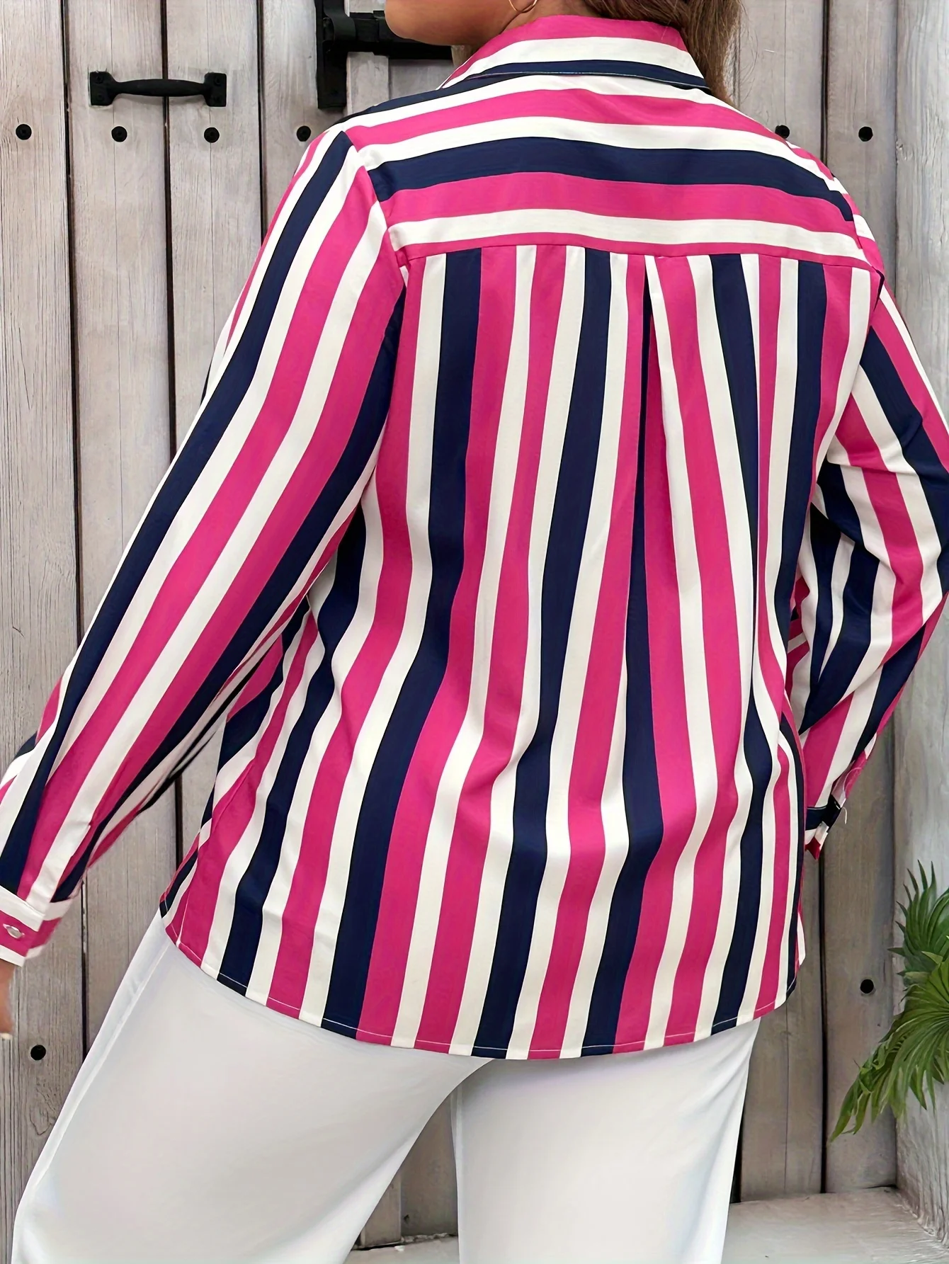 Plus Size Casual Blouse, Women\'s Plus Stripe Print Long Sleeve Button Up Lapel Collar Shirt Top