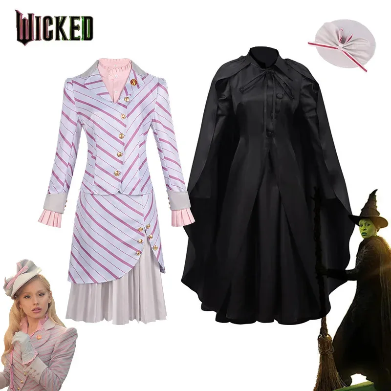 

2024 New Wicked Cosplay Witches Costumes Glinda Elphaba Clothes Gotic Movie Party Role-playing Pink Suit Black Dress Robe Hat