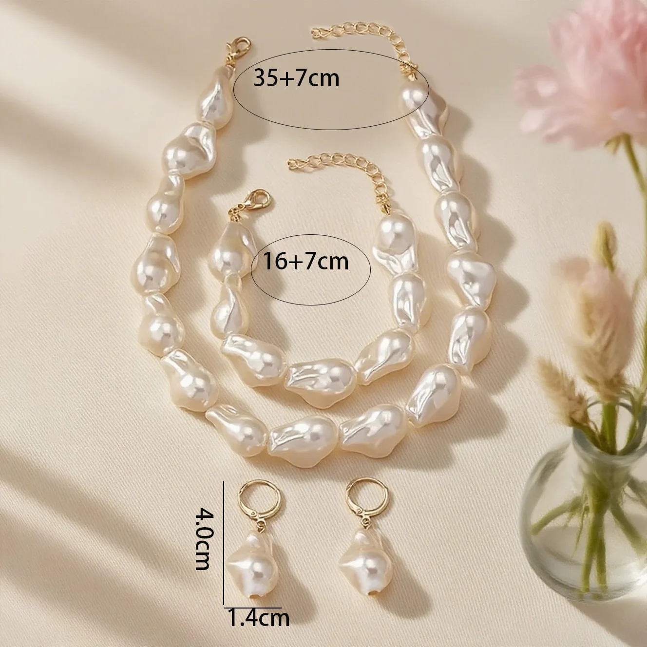4pcs Trendy Elegant Jewelry Set for Women Irregular Pearl Bead Necklace Classic White Choker Daily Casual Wear Earrings Gift