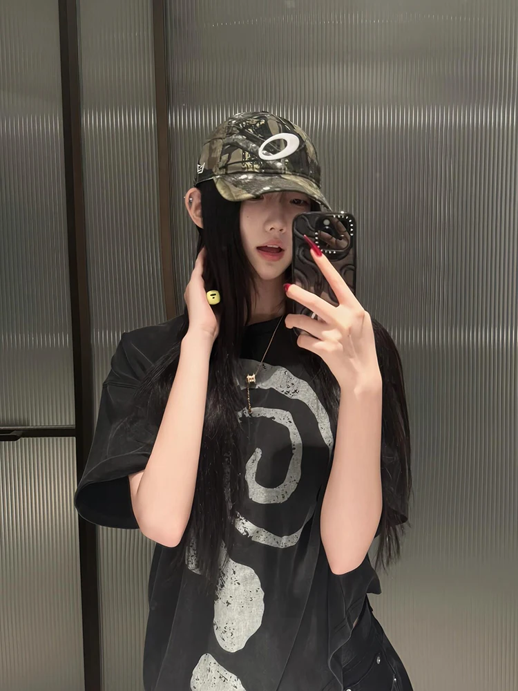 Retro American Miey Stampa ort Sve T-shirt Donna Estate New Sle Vintage Trendy Puro cotone rotondo Ne Allentato Coppia Top