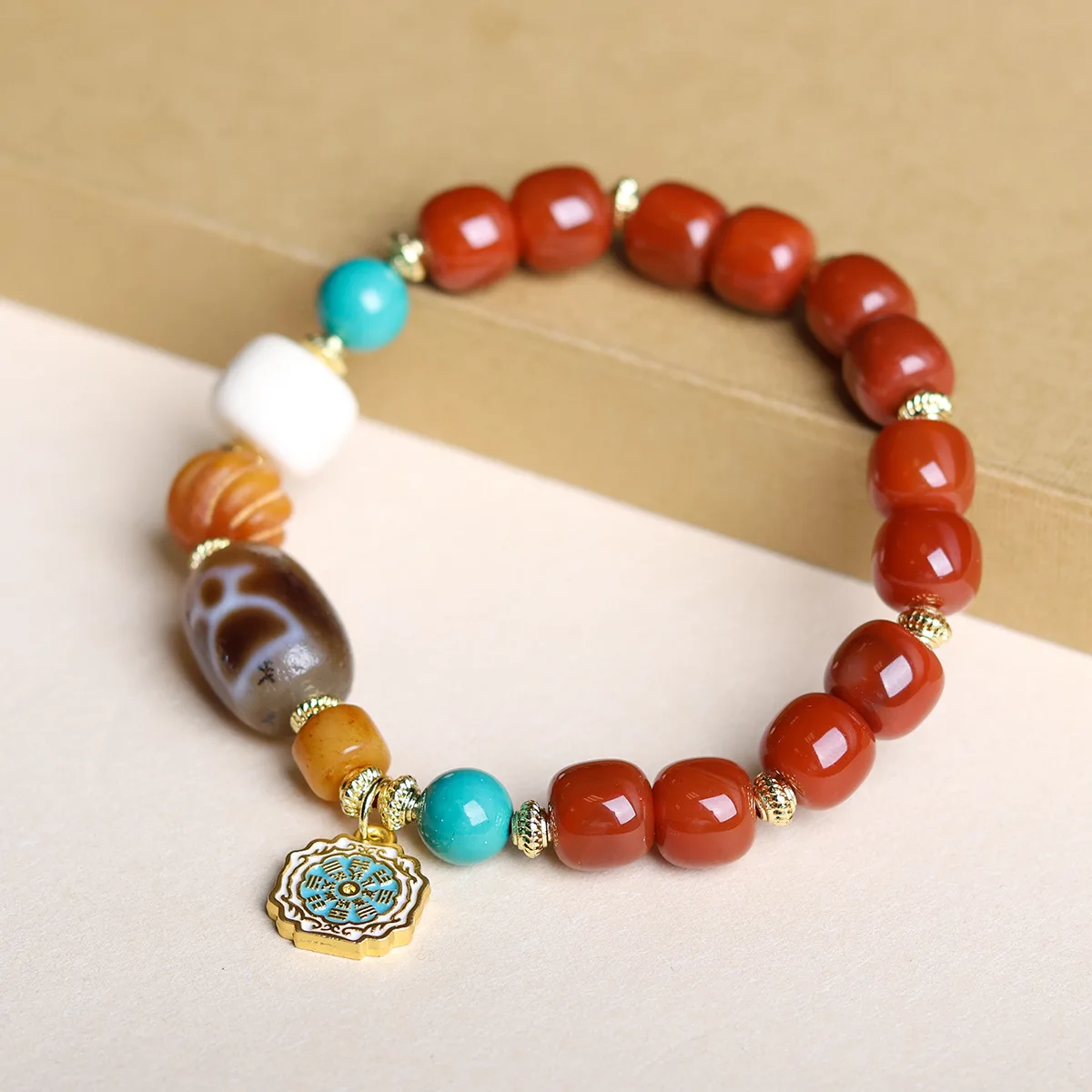 South Red Agate Straight-cut Barrel Bead Bracelet with Tibetan Three-eye Dzi & Yak Bone Accents: Women's Wrist Jewelry Gift