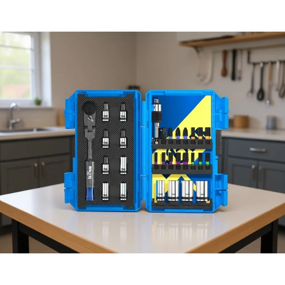 

Набор торцевых ключей с трещоткой 1/4 дюйма, 29 предметов, с держателем для бит, ударными битами S2 и адаптером для электроники и автомобилей