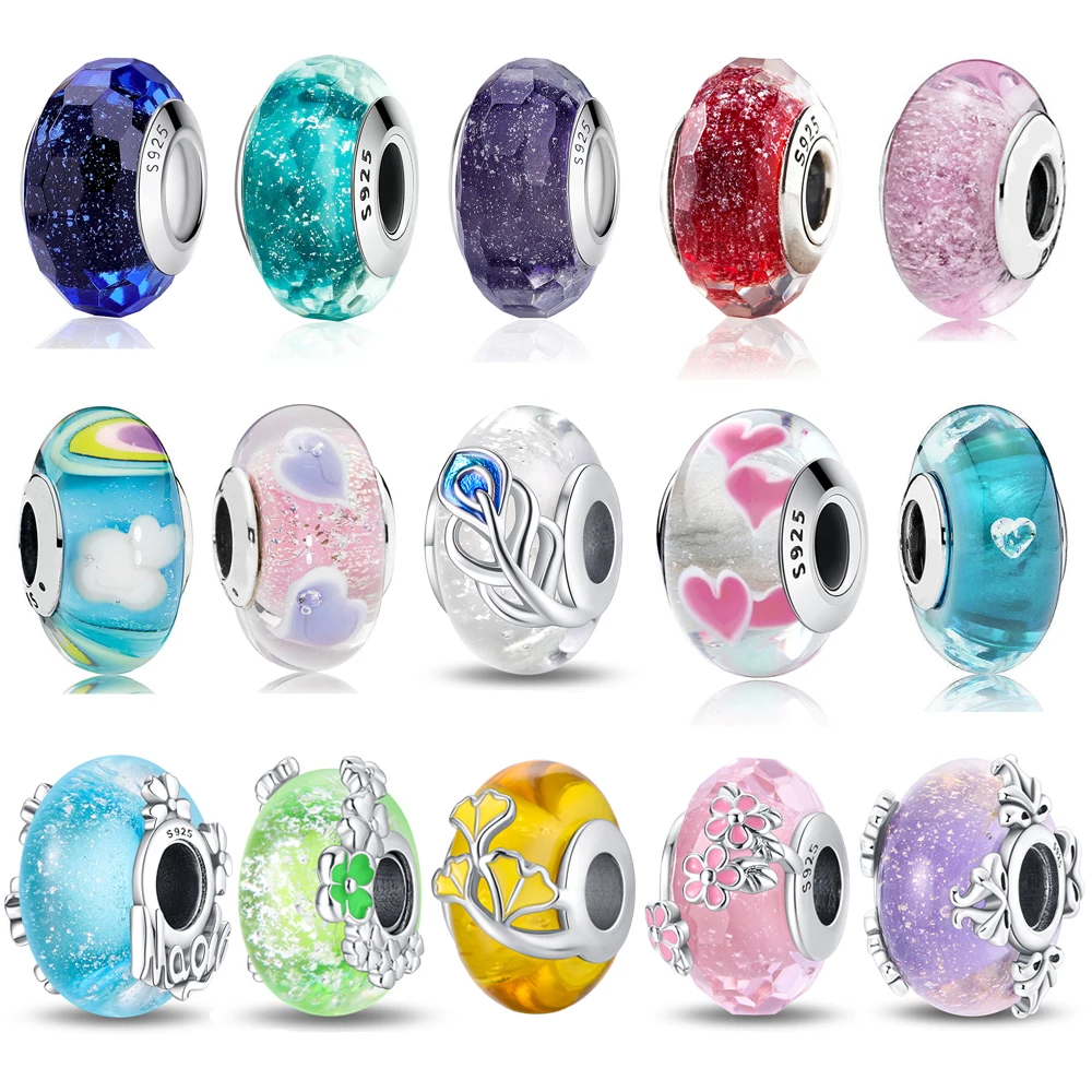 

Серия из муранского стекла, стерлинговое серебро 925, изогнутые перья и удачные четырехлистный клевер, подвеска, подходит для браслета, изысканные подарки