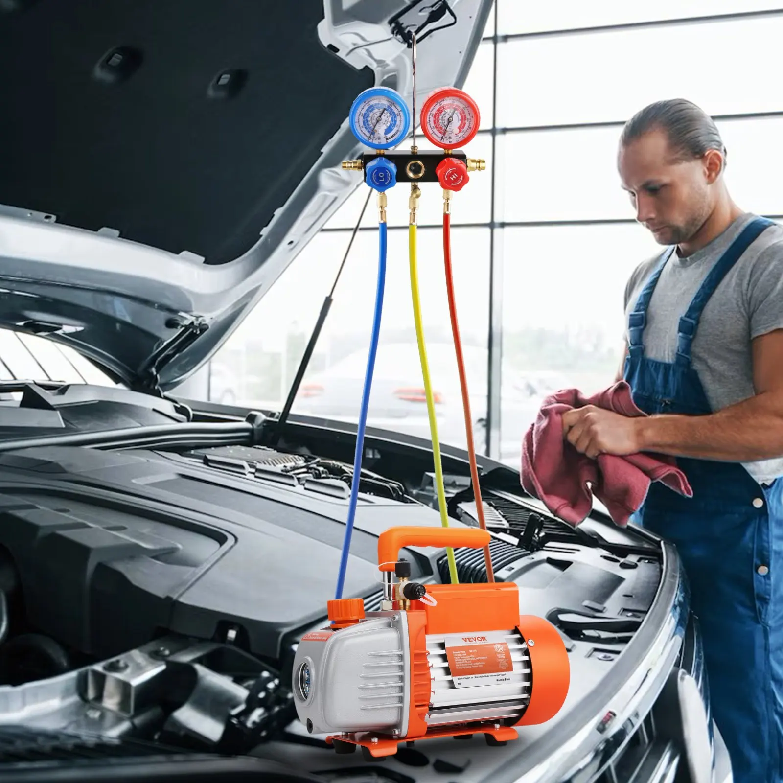 4.5 CFM AC VacuumPump And Gauge Set, Single Stage Rotary Vane HVAC Air VacuumPump   Refrigerant Kit Manifold Gauge Set, With