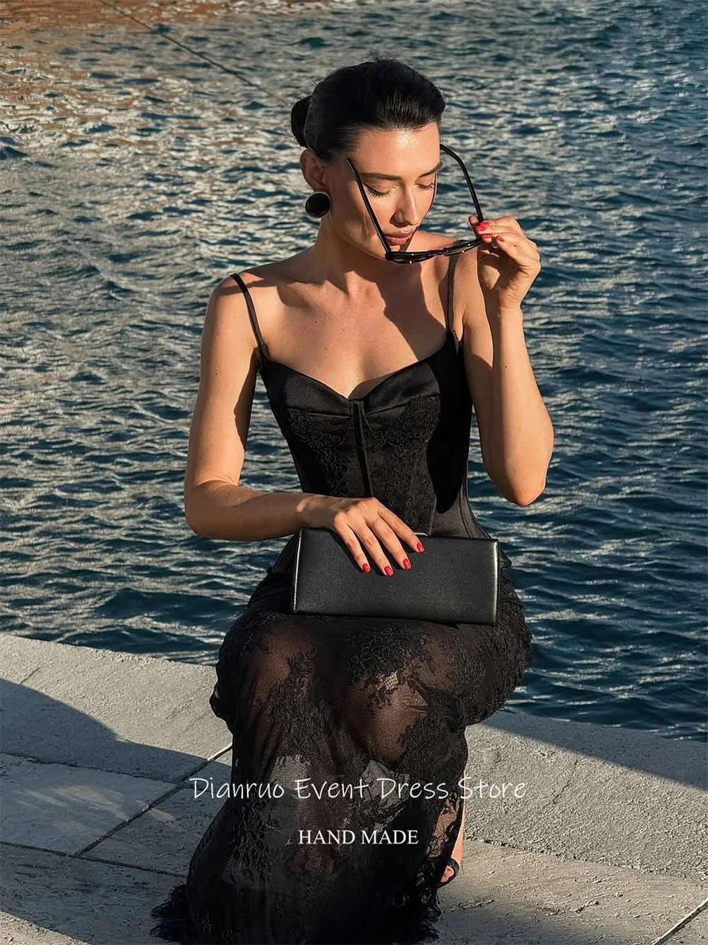 فستان سهرة بحمالات سباغيتي من Dianruo شفاف من خلال الدانتيل حورية البحر فيستدوس دي نوفيا مزين بحفلات الزفاف الأنيقة حسب الطلب