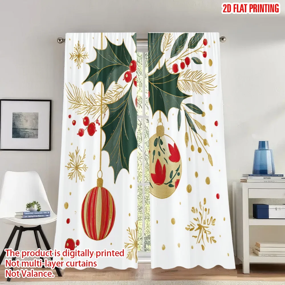 

2pcs 2D flat printing Christmas Hot Curtains Christmas Holly Berry Ornament Digital Printed Polyester Drapes Party & Holiday