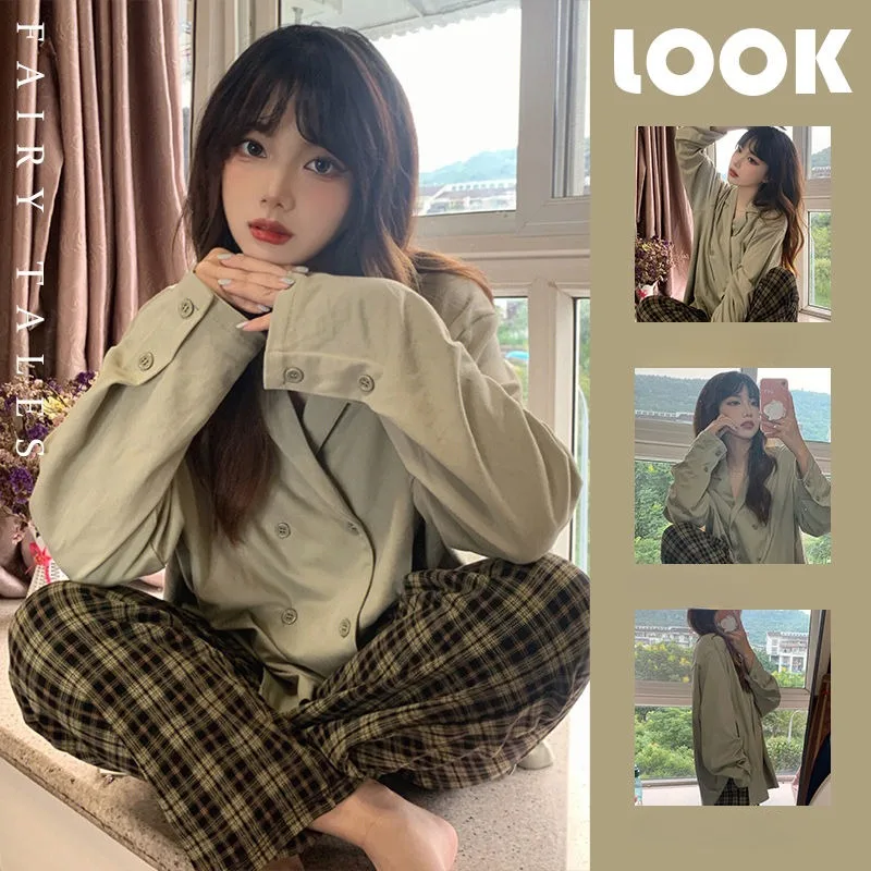 Solid Color Long-sleeved Nightgown 2024 Latest Women Spring Autumn Leisure Sleepwear Plaid Pants Lapel Double-breasted Pajamas