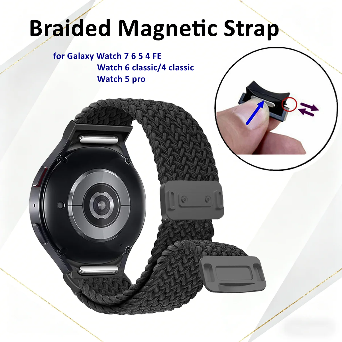 Magnetisches Armband ohne Lücken mit Ein-Klick-Verschluss für Samsung Galaxy Watch 7 6 5 4 FE, passend für Samsung Watch 6 4 Classic/Watch 5 Pro
