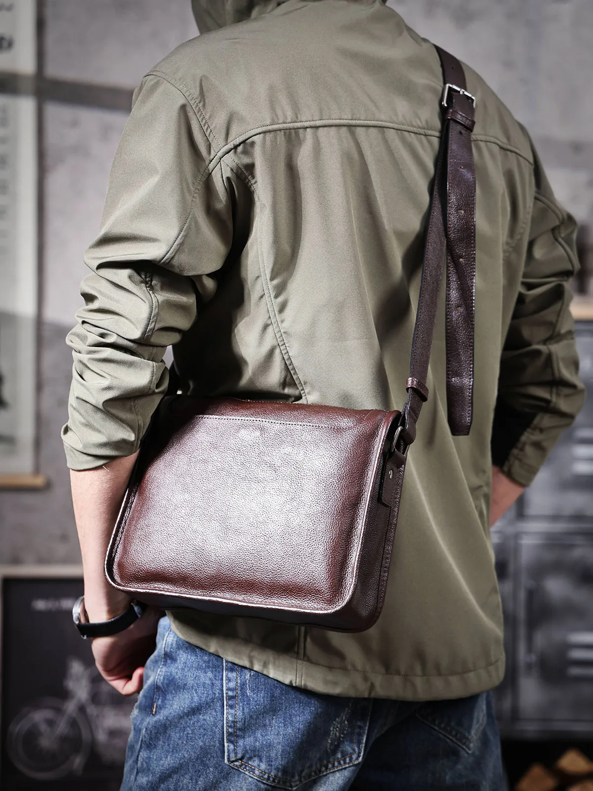 Echte Leder-Umhängetasche für Herren, Unisex, einfache Rindsledertasche, oberste Schicht pflanzlich gegerbtes Leder, modisch und lässig – Detail 6
