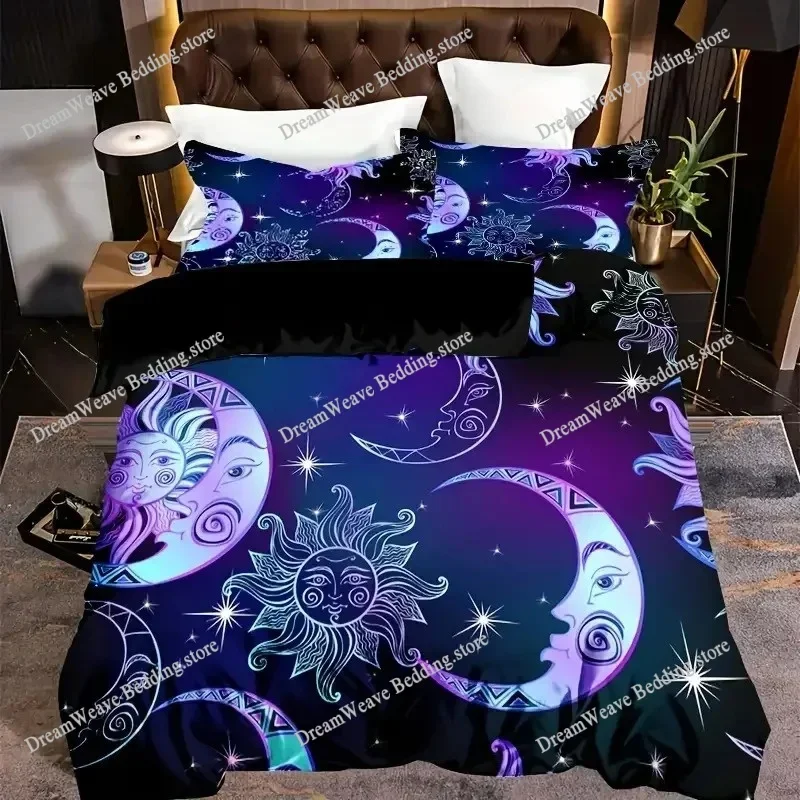 Boho Sun and Moon Duvet Cover Set Black White Floral Bedding Set Bohemian Exotic Comforter Covers Queen Bedroom Decor All Season