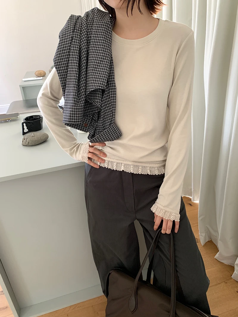 Women's Lace Long Sleeve Base Layer T-Shirt - Soft Solid Color