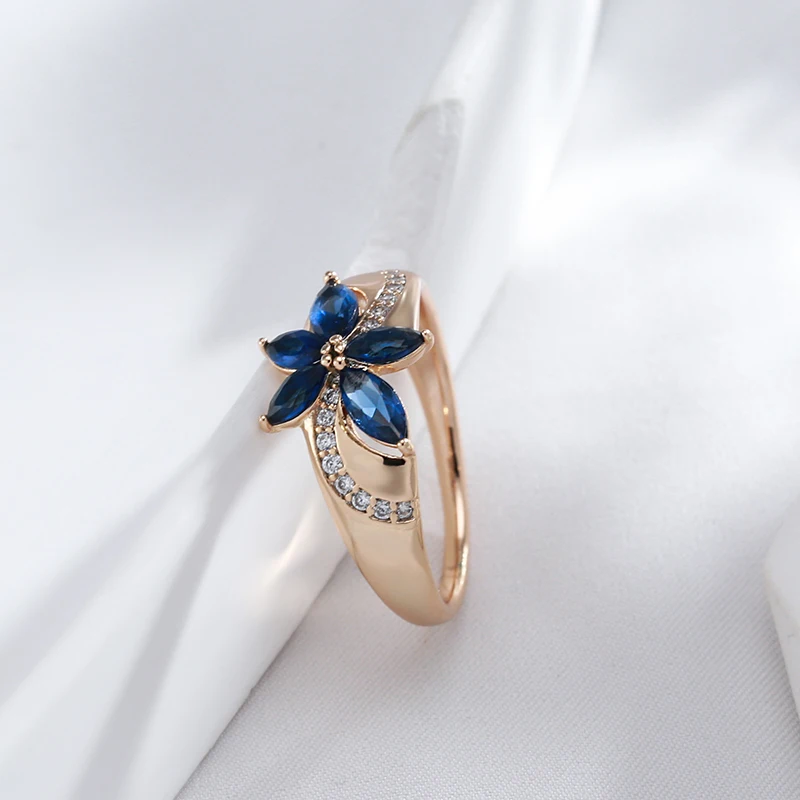 Kinel New Blue Natural Zircon Ring for Women 585 Rose Gold Flower Rings Vintage Ethnic Bride Wedding Jewelry Party Accessories