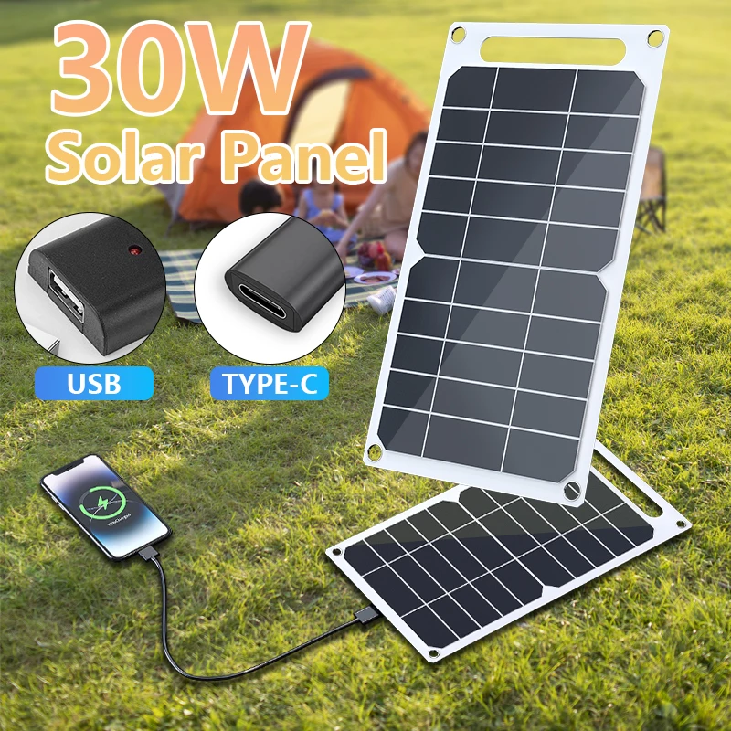 30W Solar Panel With Waterproof Outdoor Hiking And Camping Portable Battery Mobile Phone Charging Bank Charging Panel 6.8V USB