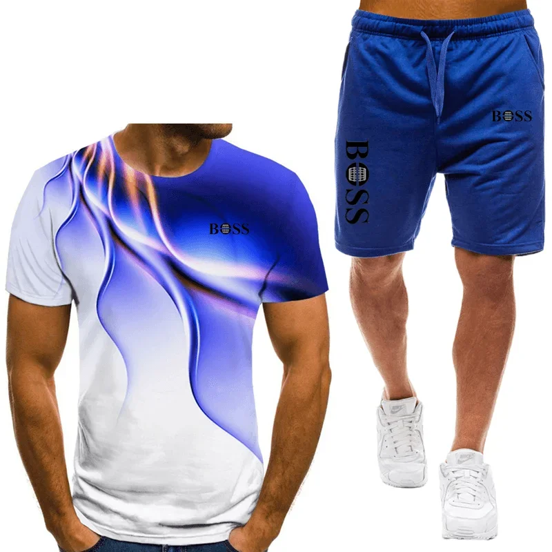 Men\'s T-shirt and shorts set, running fashion printed short sleeved sports T-shirt, summer 2024