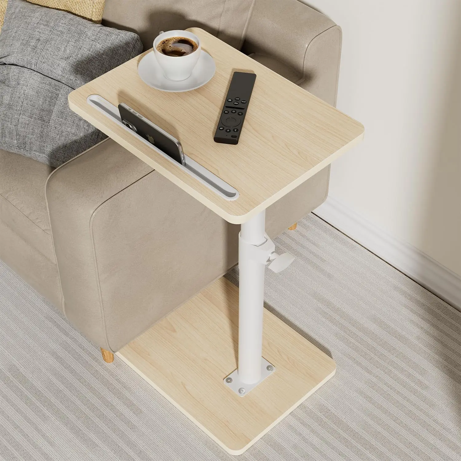 

360° Swivel Adjustable Sofa Armrest Tray Table for Couch, Bed, or Chair with Phone Slot in Oak Finish