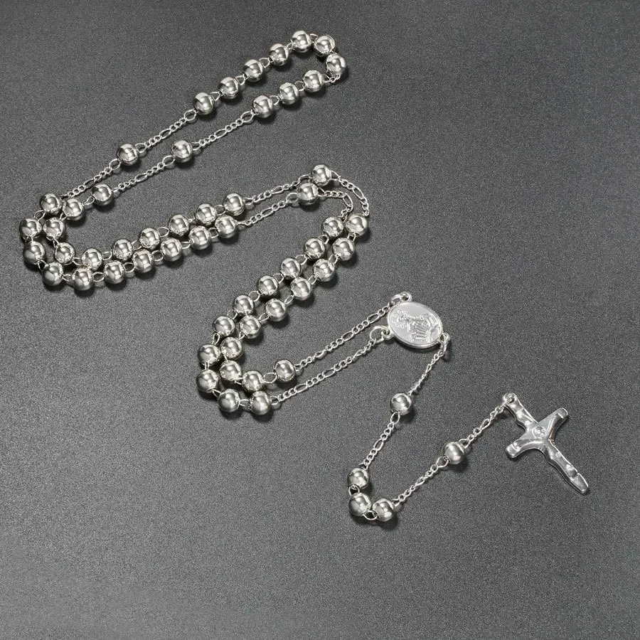 Catholic Rosary Pendant Necklaces For Women 6MM Beads Chain Crucifix Cross Long Necklace Men Religious Praye Jewelry