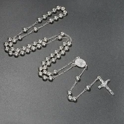 Catholic Rosary Pendant Necklaces For Women 6MM Beads Chain Crucifix Cross Long Necklace Men Religious Praye Jewelry