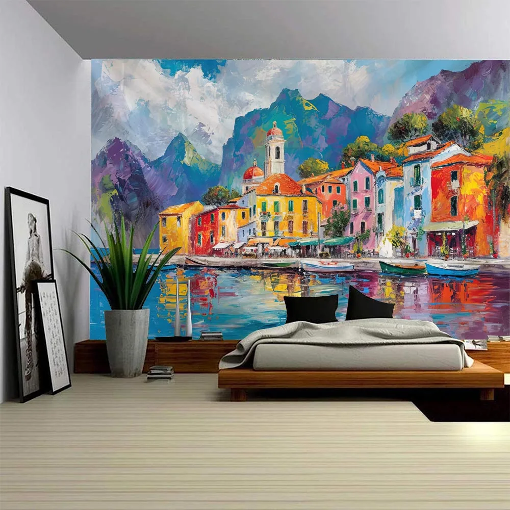 Seaside Landscape Oil Painting Tapestry Seaside Architecture Boat Landscape Printing Wall Hanging Living Room Decoration
