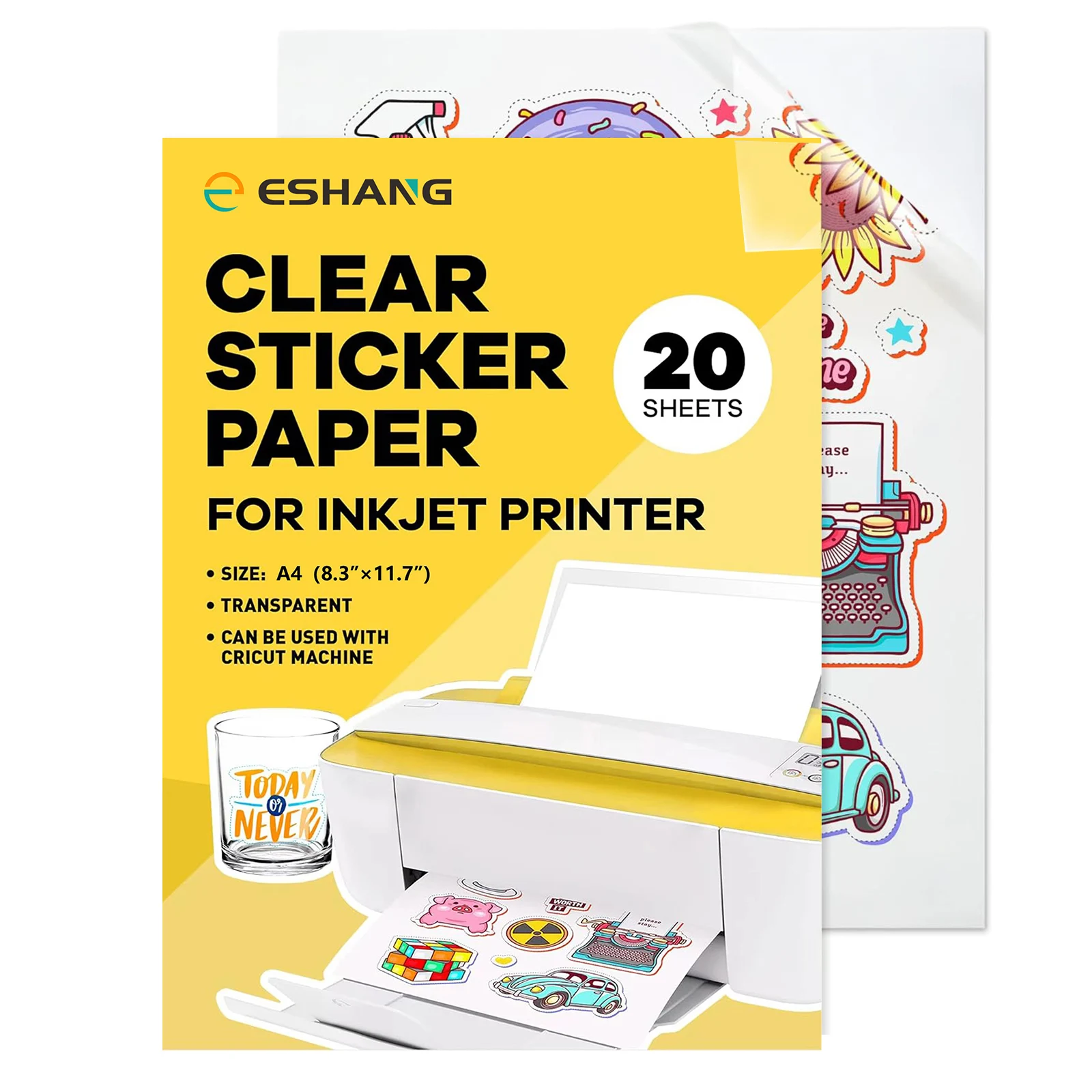 ESHANG A4 Size Printable Vinyl Sticker Paper for Inkjet Printer 100% Clear Transparent Non-waterproof Decal Paper Self