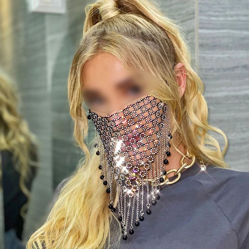 Shiny Rhinestone Mask Face Decor Bling Tassel Veil Mask Reusable Metal Crystal Dance Face Veil Bandana Masquerade Party Jewelry