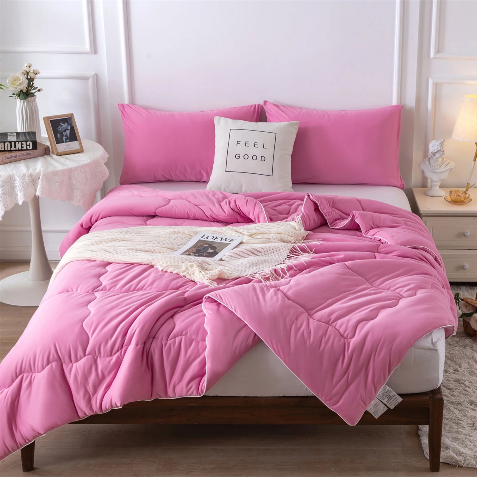 Rose Pink Dual-Sided Reversible Ultra-Soft Comforter Bedding Sets,Queen/Full Size, lightweight Jersey Knit Cotton All Season Use