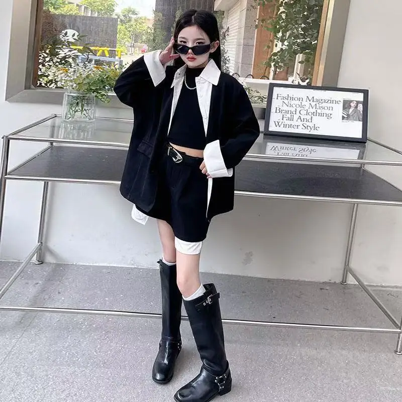 Girls' Designer-style Niche Suit Set Autumn Fashion Casual Two-in-one Look With Shirt-stitched Jacket and Skirt Or Pants