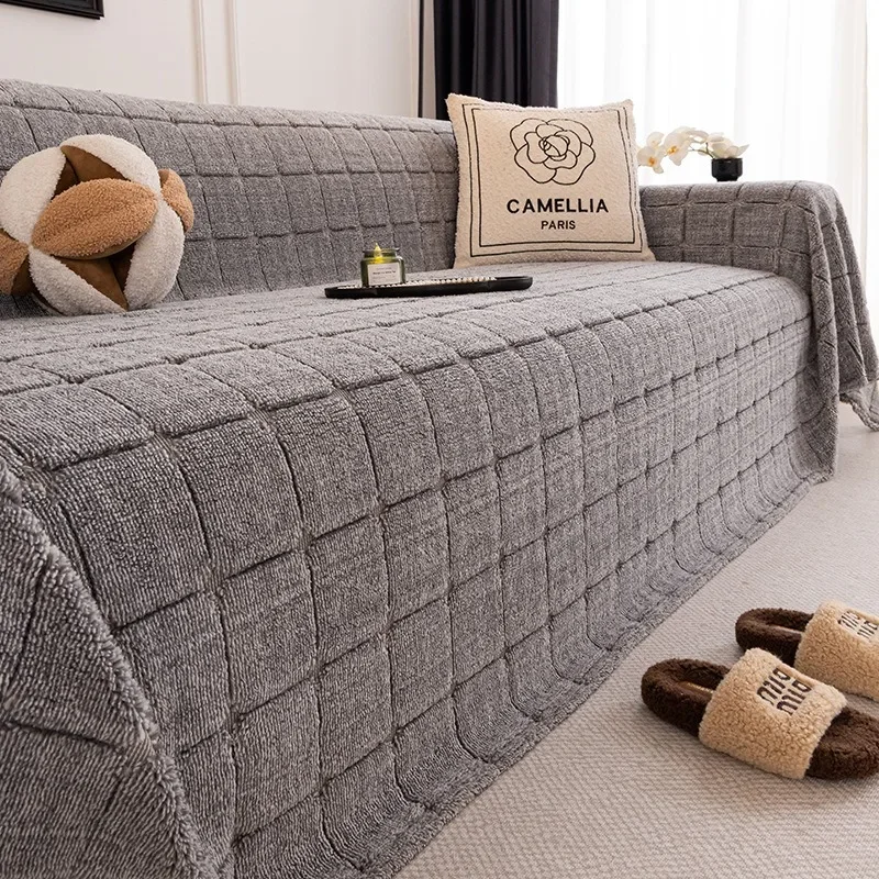 Anti Cat Scratch Large Sofa Cover Ins Style Winter Plush Sofa Towel Solid Color Full Coverage Sofa Blanket Full Cover
