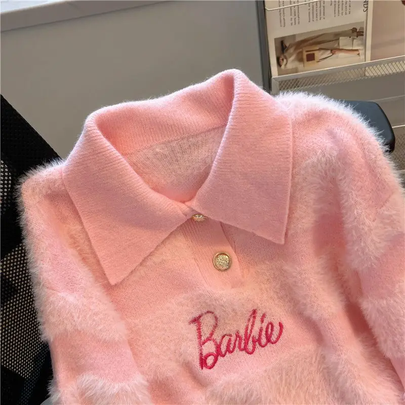 2024 Women\'s New Polo Shirt Knitted Sweater Knitted Sweater Jacket Barbie Cartoon Autumn and Winter Short Lapel Top Gift