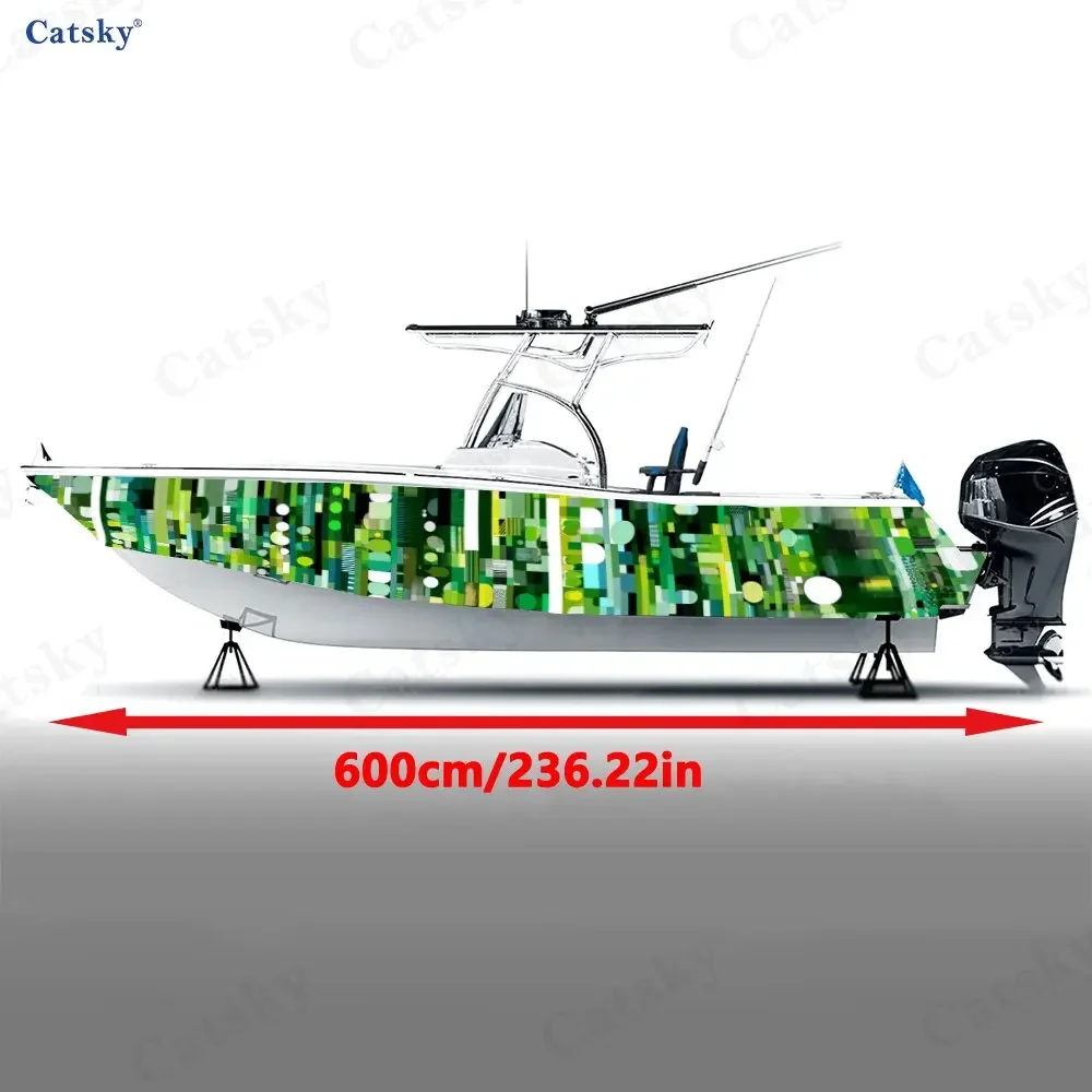 2Pcs Cyber Green Stripe Geometric Boat Stickers, PVC Waterproof Vinyl Wrap Decals for Fishing Boats, Durable and Stylish Design