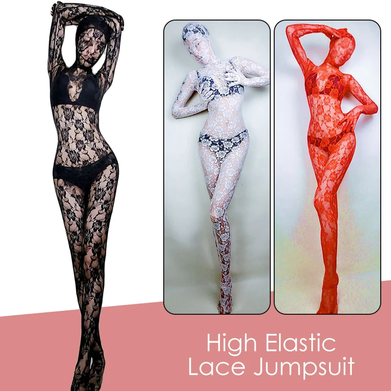 Monos de encaje de alta elasticidad para mujer, Bodyhose completo Sexy, Catsuit de una pieza para fiesta, baile, cantante de escenario, disfraces de DJ/COS