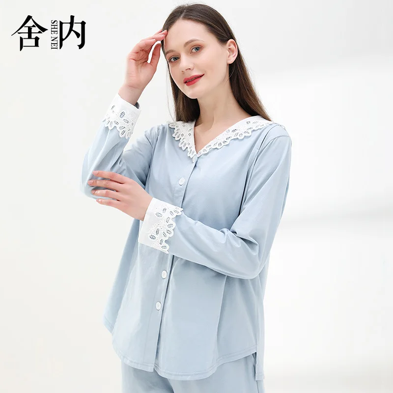 

100% Thin Cotton Maternity Nursing Sleepwear Cute Lace Patchwork Feeding Pajamas for Pregnant Women Lovely Pregnancy Nightwear