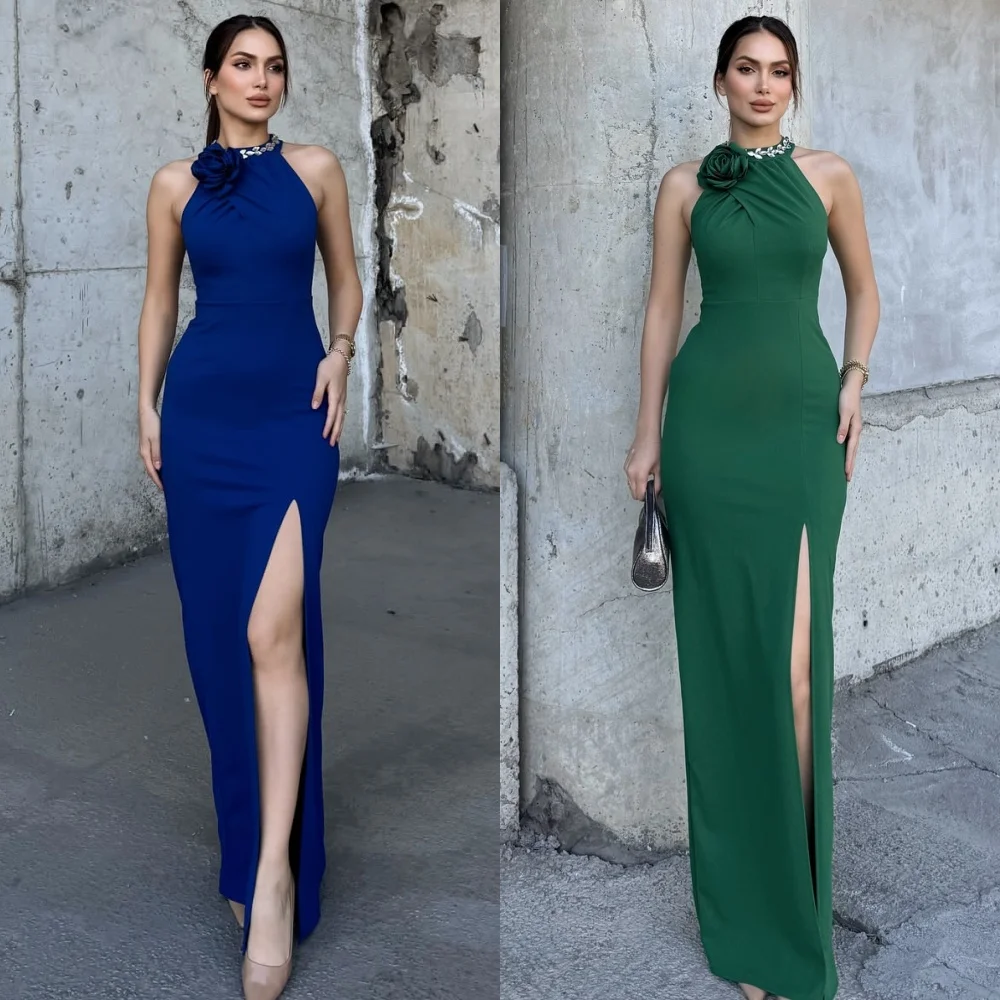 

Customized Fashion Classic Jersey Rhinestone Handmade Flower Mermaid High Collar Ankle Length Dresses Bespoke Occasion Dresses