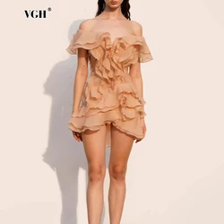 VGH Sexy Short Dress For Women Slash Neck Off The Shoulder Sleeve Backless High Waist Spliced Ruffles Dresses Female Fashion New