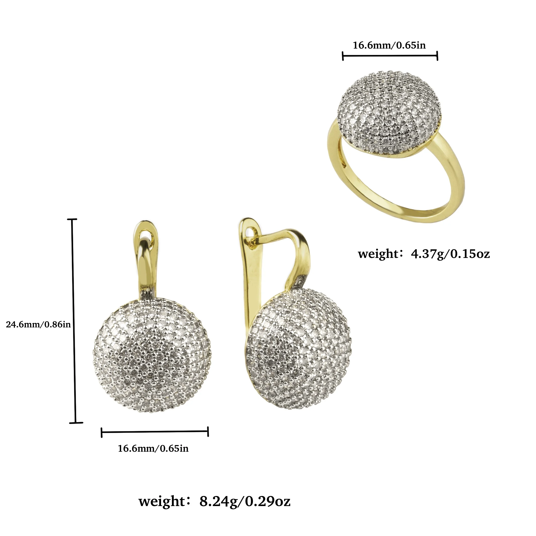 Round Fashion Jewelry Inlaid Cubic Zirconia Earrings Ring Sets For Women Copper Plated 2-Color 14K Gold Luxury Party Accessories