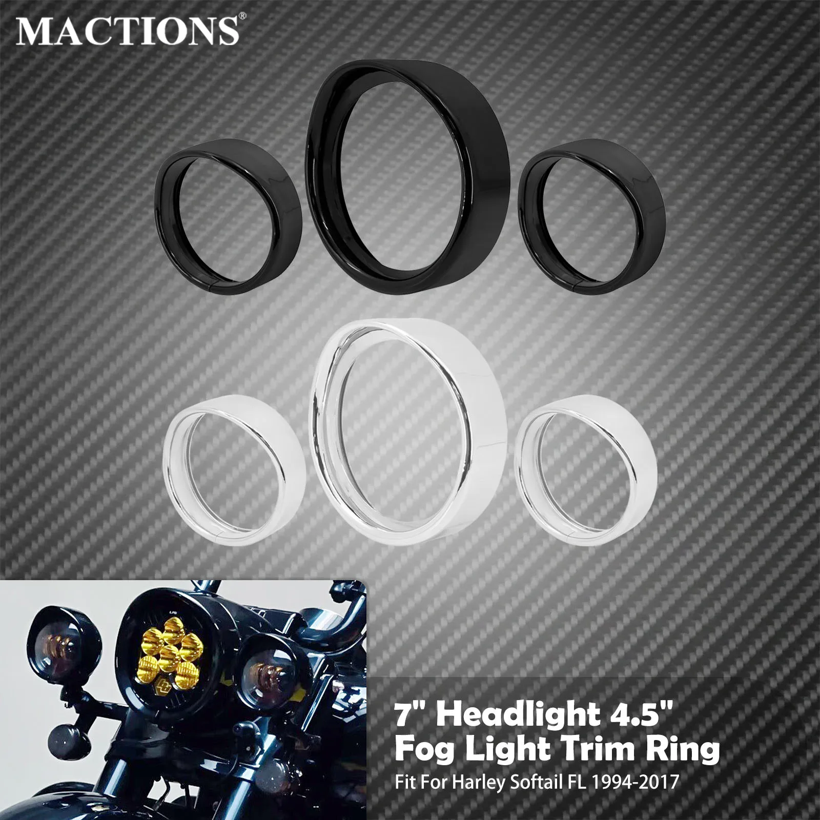 Motorcycle 7'' Headlight Visor Bezel Cover + 4.5'' Fog Light Trim Ring Black/Chrome For Harley Softail FL Models Fat Boy 1994-17