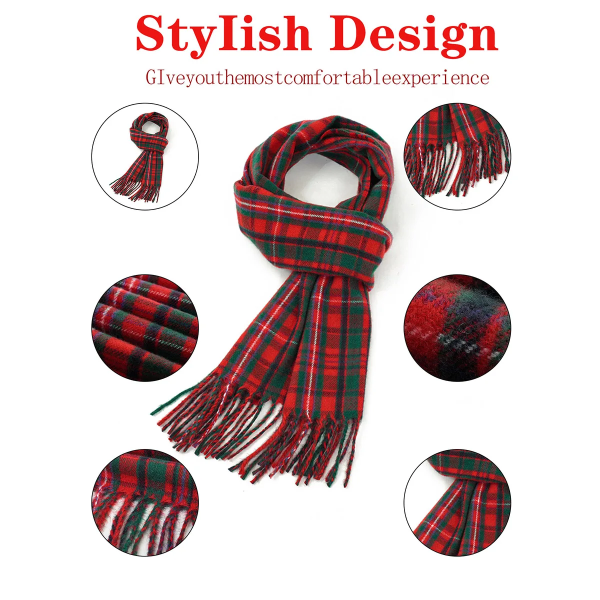 A cashmere plaid scarf with soft and warm texture, classic winter red and green plaid unisex scarf shawl