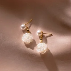 Minar Fashion White Color Natural Shell Camellia Flower Freshwater Pearl Pendant Drop Earrings for Women Girls Birthday Gifts