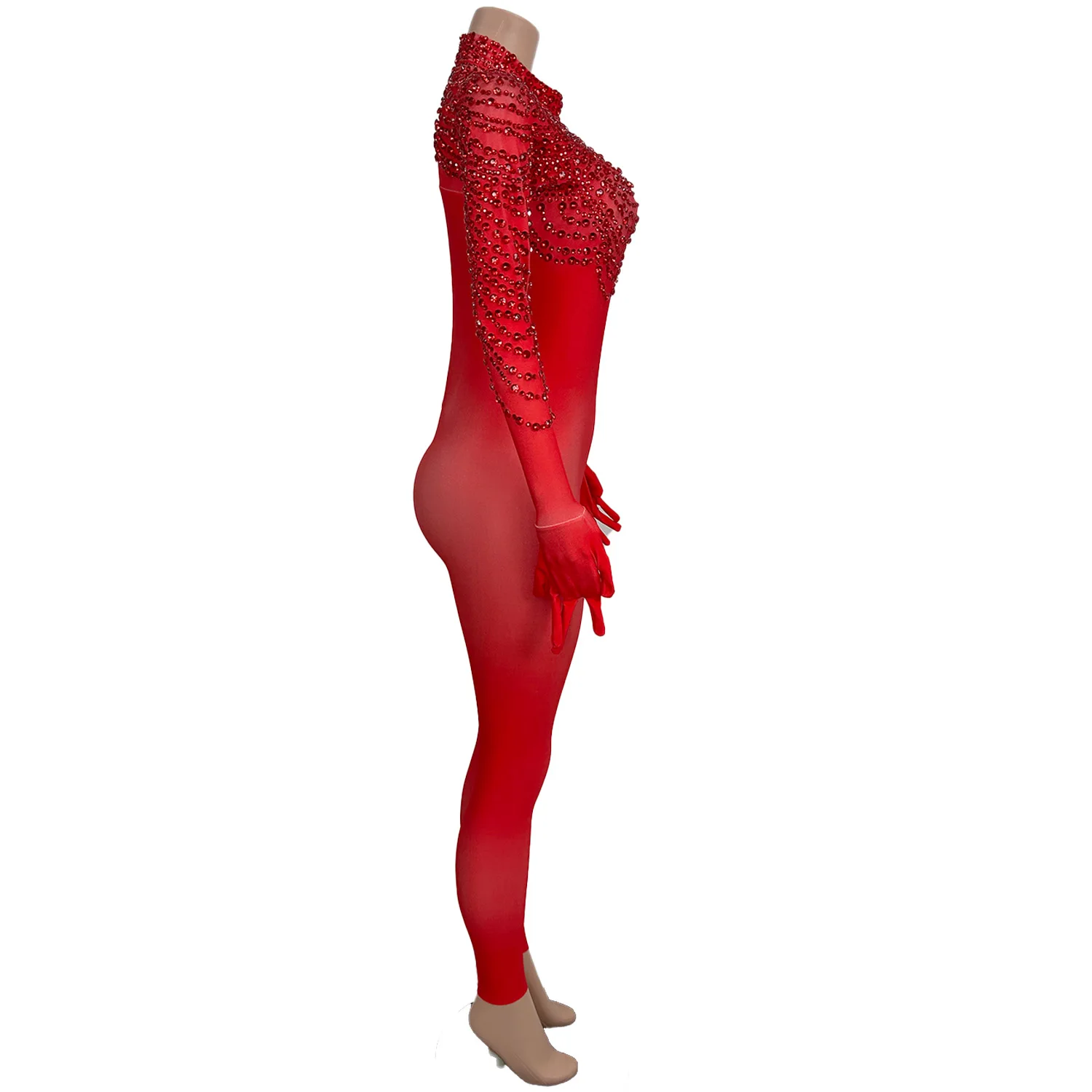 High Elasticity Large Sized Women Jumpsuit Shiny Red Shawl Rhinestone Tight Pants with Glove Acrobatic Pole Dance Costume pijian