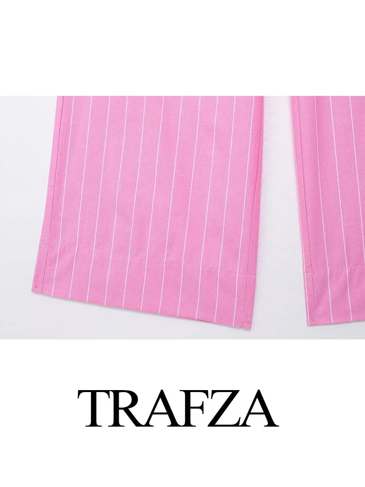 TRAFZA Fashion Women Chic Pink Stripe High Waist Wide Leg Pants Woman Drawstring Buttons Side Pocket Slim Casual Trousers Traf