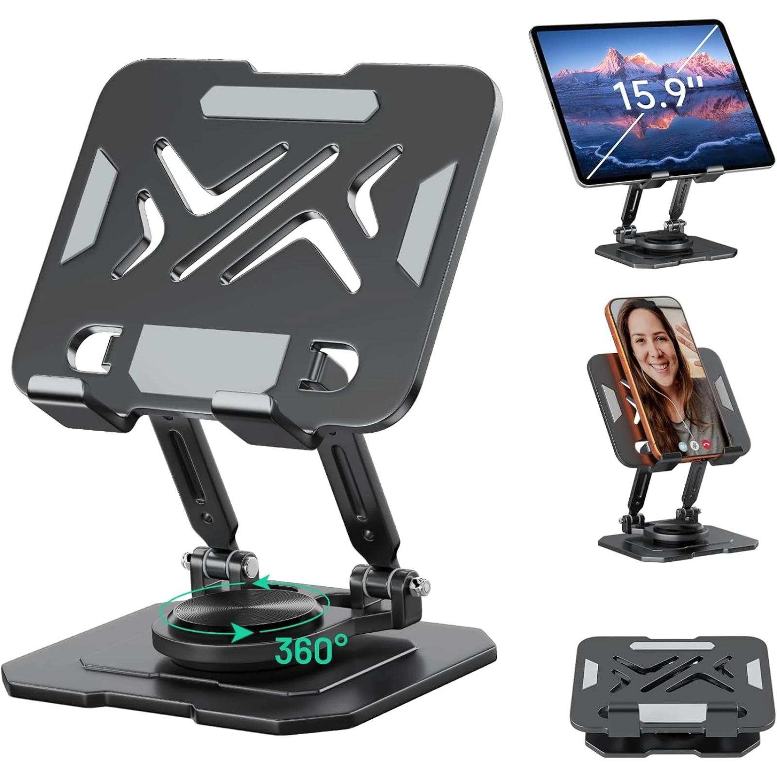 

Tablet Stand Holder with Thickened 360°Rotating Base Dual Rod Adjustable0 Stand for All 5.8-12.9” IPad Samsung Phone Tablet