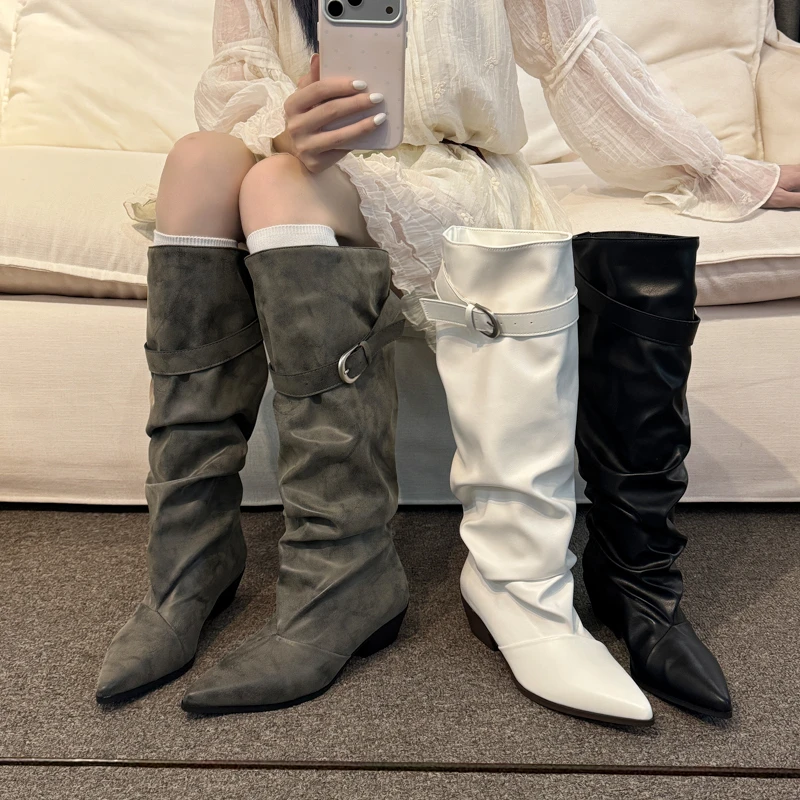 Niche Design Pointed Toe Pleated Stack Boots 2026 Autumn New Large Tube Belt Buckle Boots High Heels