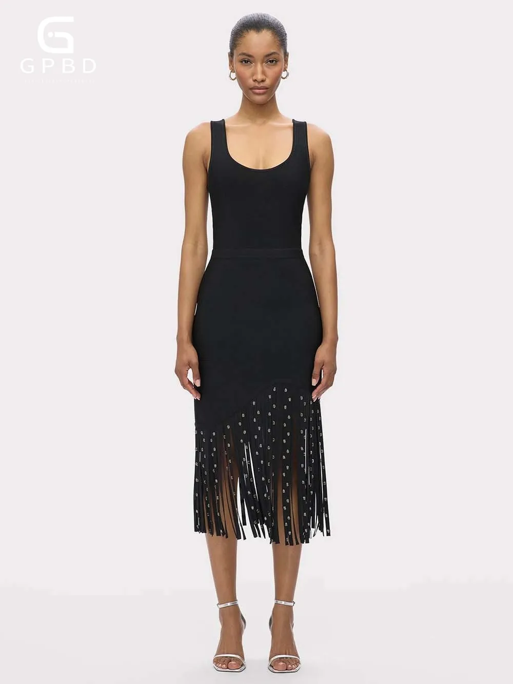 

2025 Summer Women's New Fashion Crystal Tassel Temperament Suspender Bodycon Waisted Sexy Midi Dresses Vestidos