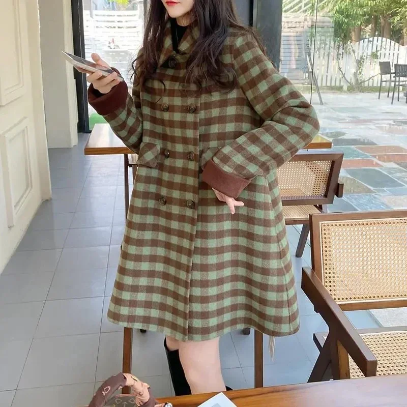 

Autumn Winter Women Double Sided Woolen Coat Color Matching Woolen Jacket Female Doll Collar Mid Length Leisure Outerwear Q85