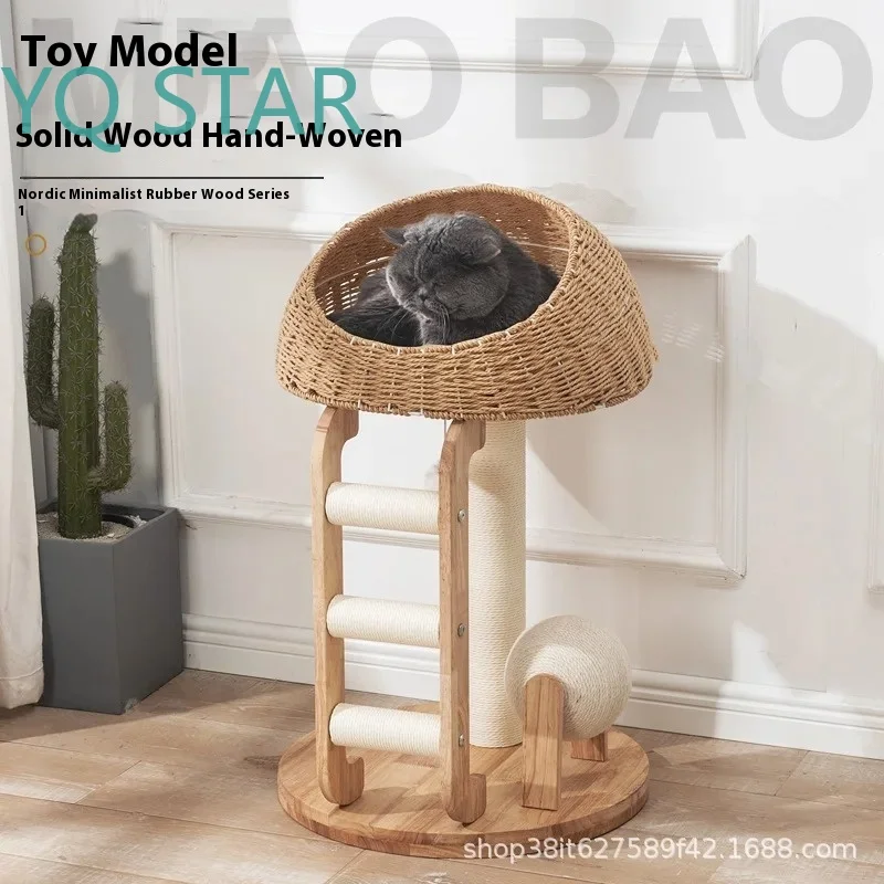 Large Solid Wood Cat Tree with Sisal Wrapping Cylindrical Space Capsule Climbing Frame Cat Nest for Cats for Indoor Play for