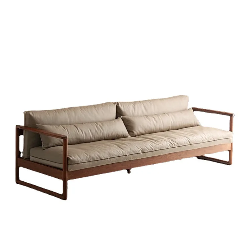 

Nordic solid wood fabric sofa, small apartment simple black walnut sofa