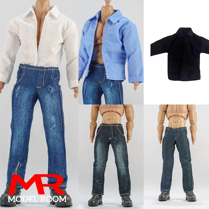 Ropa a Escala 1/12 para Hombre: Camisa Blanca, Pantalones Negros, Jeans. Compatible con Muñecos de Acción BJD Asi3.0 Beiming Notaman Soldier 1:12.
